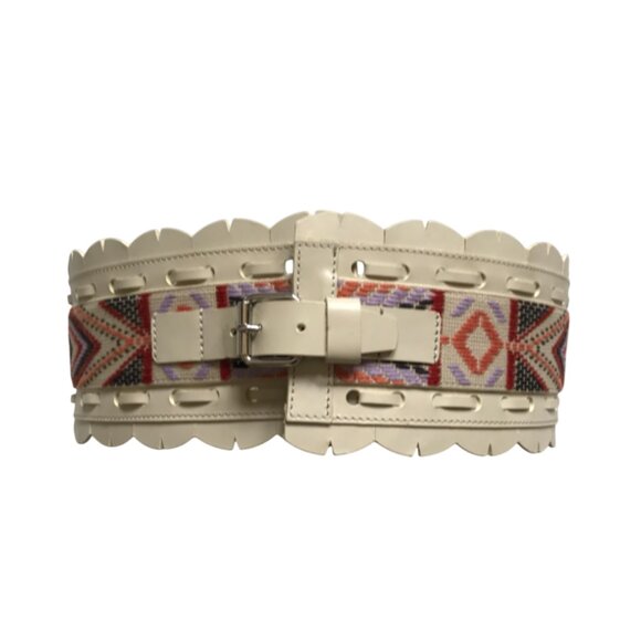 Isabel Marant Wide Waist Belt Womens Medium Cream Leather Embroidered Woven Boho - Picture 1 of 11